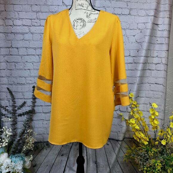 Casual V Neck 3/4 Bell Sleeve Mesh Panel Blouse Golden Glow XL - Picture 1 of 10